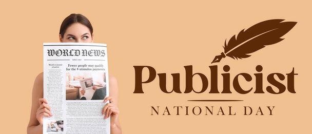 Young woman with newspaper and text NATIONAL PUBLICIST DAY on beige background - Foto, Imagem