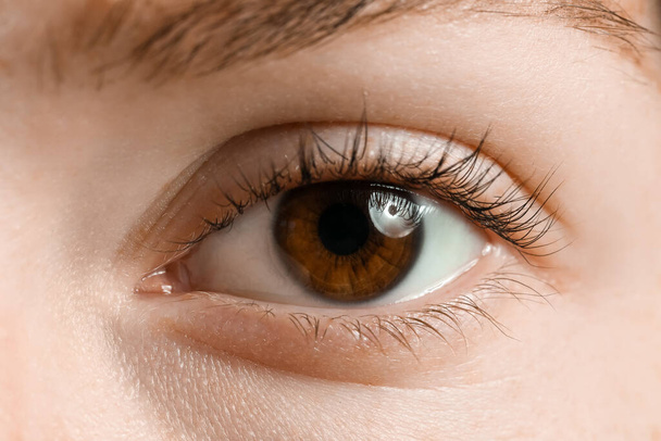 Jonge vrouw met bruine ogen, close up - Foto, afbeelding