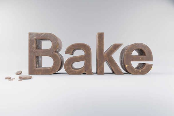 closeup of 3d lettering bake made of brown whole milk chocolate on clean surface with chocolate crumbs; advertisement concept; 3D Illustration - Zdjęcie, obraz