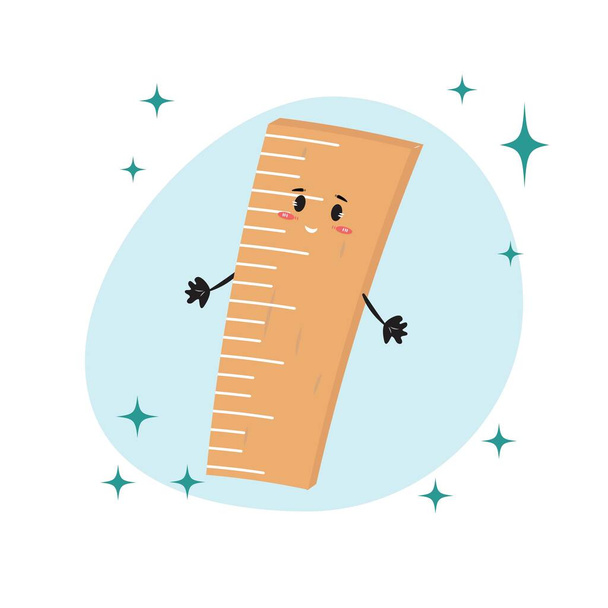 Cute ruler in flat cartoon style. Isolated school supply with sparks on white background. Childish cute drawing of the ruler. - Vektör, Görsel