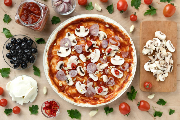 Recipe for making delicious Italian pizza with vegetables and mozzarella, flat lay, home cooking - Foto, Imagem