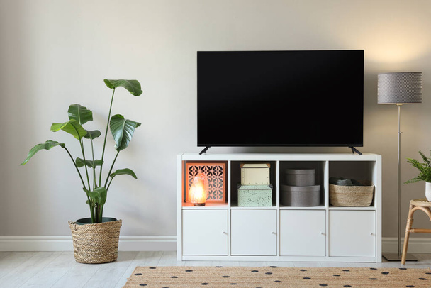 Moderna TV su armadio, lampada e belle piante d'appartamento vicino alla parete bianca all'interno. Interior design - Foto, immagini