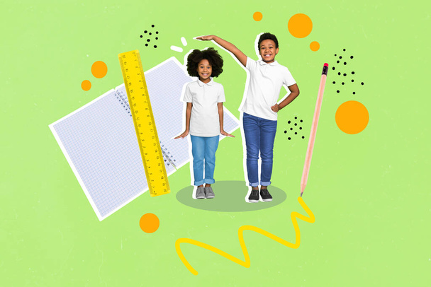 Poster collage of schoolkids measure high wear casual cloth isolated on green drawing color background. - Фото, зображення