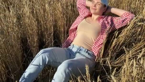Безтурботний молодий дорослий жінка розслабляється, лежачи на пшеничному полі на сході сонця. Красива жінка-фермер, яка висловлює добробут, щастя, позитивні емоції на відкритому повітрі. Сільський спосіб життя. Пересування пострілу
 - Кадри, відео