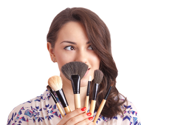 Chica artista de maquillaje con cepillos
 - Foto, Imagen