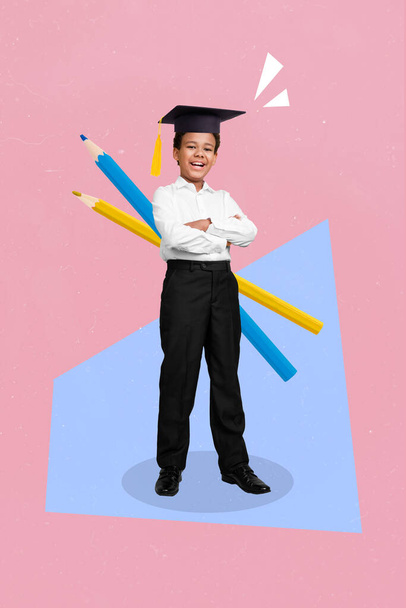Vertical composite collage of happy smiling small boy folded arms wear mortarboard big pencil isolated on creative background. - Foto, Imagen