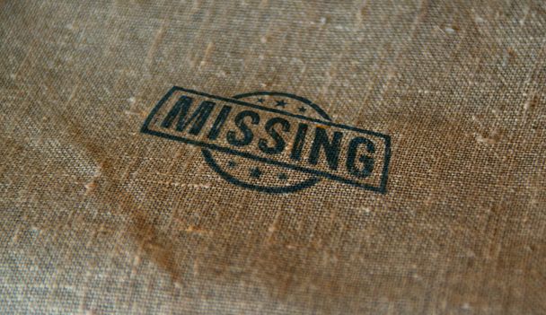 Missing stamp printed on linen sack. Disappeared warning concept. - Foto, Bild