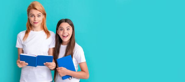Mother and daughter child banner, copy space, isolated background. back to school. childhood education. amazed pupil and student. mom and teen girl study - Zdjęcie, obraz