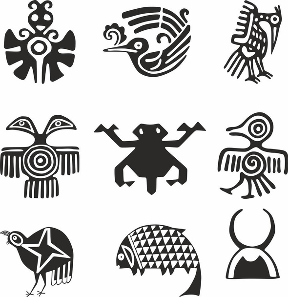 Vektorisarja yksivärisiä intialaisia symboleja. Kansallinen koriste intiaanien, atsteekit, maya, incas. - Vektori, kuva