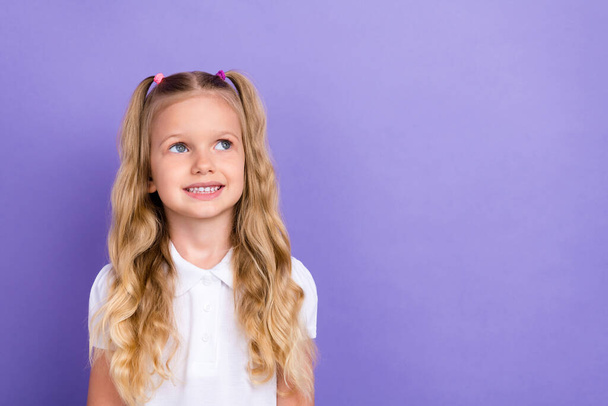 Photo portrait of cute small girl ponytails smile look empty space banner dressed trendy white outfit isolated on purple color background. - Photo, image