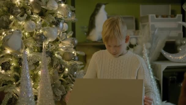 Ένα μικρό παιδί ανοίγει το δώρο της Πρωτοχρονιάς 2023 και εκπλήσσεται. Χαρούμενο και χαρούμενο καυκάσιο παιδί κοντά στο χριστουγεννιάτικο δέντρο με δώρο. Υψηλής ποιότητας 4k πλάνα - Πλάνα, βίντεο