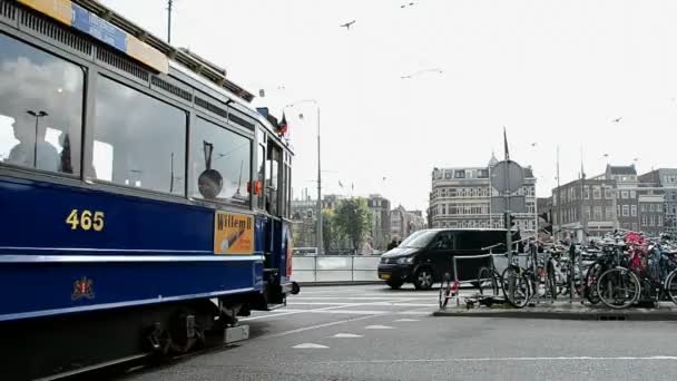 Vintage (heritage) blue electric tram in Amsterdam,Netherlands. - Кадры, видео