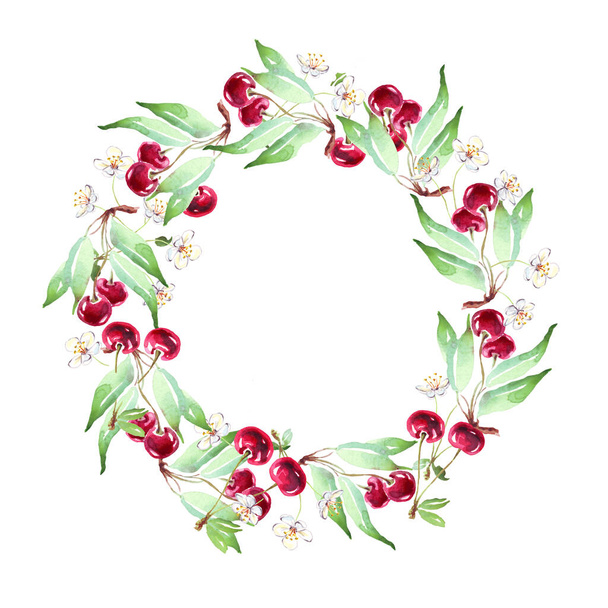 Cherry wreath. Watercolor clipart. Hand-painted illustration - Φωτογραφία, εικόνα