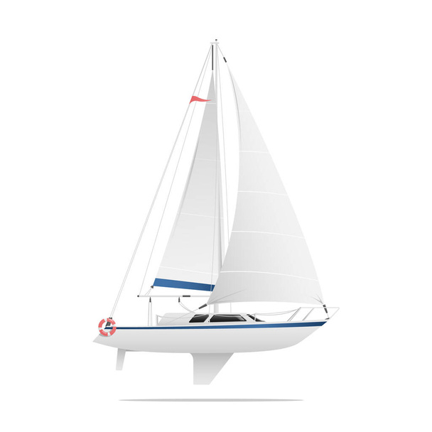 White sailboat is in a side view with blue stripes isolated on a white background. Vector illustration. - ベクター画像