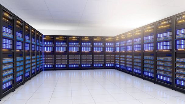Shot of Data Center With Multiple Rows of Fully Operational Server Racks. Modern Telecommunications, Artificial Intelligence,server room,3d rendering - Zdjęcie, obraz