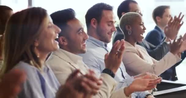 Celebrating, applause or audience clapping hands happy for a winning business at a conference. A cheerful crowd cheering at a corporate seminar or workshop event for a successful startup company. - Filmagem, Vídeo