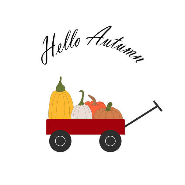 cart full of pumpkins. Thanksgiving and Halloween vector illustrations. - Vector, imagen