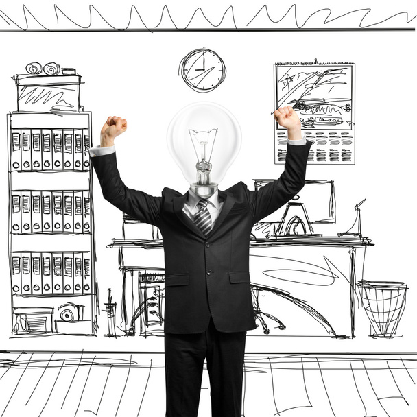 Homme d'affaires tête de lampe avec les mains en l'air
 - Photo, image