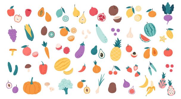 Big set of fruits, vegetables, berries, mushrooms, beans, tropical and exotic fruits. Healthy food, dietetics products, fresh vitamin grocery products. Hand drawn vector illustration - Vecteur, image