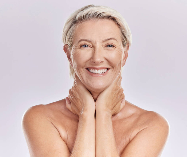 Skincare, bodycare and face of a mature woman with wrinkles and anti aging beauty hygiene routine. Portrait of happy senior lady with a healthy, wellness and self care lifestyle in a studio - Foto, imagen