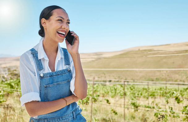 Grape farm, vineyard and farmer on phone call with happy smile for good news or online success in countryside or agriculture industry. Sustainable female on cellphone making small business investment. - Photo, Image