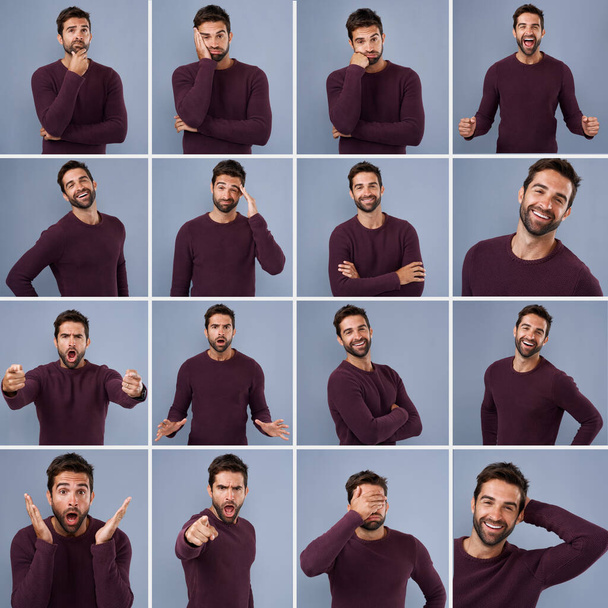 Different moods for different occasions. Composite shot of a young man expressing different types of facial expressions inside of a studio - Zdjęcie, obraz