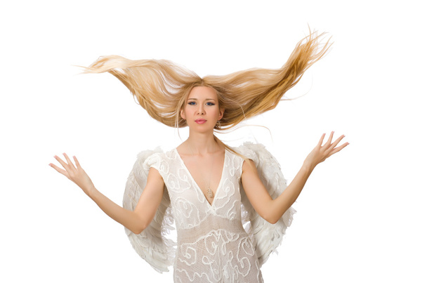 Frau mit Engelsflügeln isoliert auf weiß - Foto, Bild
