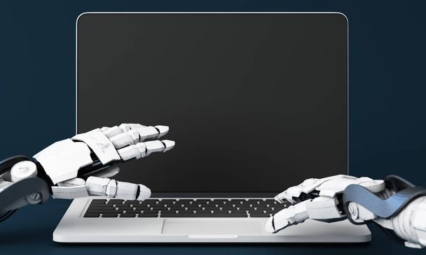 Φουτουριστικό χέρι ρομπότ δακτυλογράφησης και εργασίας με πληκτρολόγιο laptop με οθόνη οθόνης. Μηχανικός βραχίονας με υπολογιστή. 3d καθιστούν σε κλίση μπλε φόντο - Φωτογραφία, εικόνα