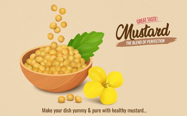 A Wooden Bowl full of mustard seed and mustard seed flower vector illustration - Vecteur, image