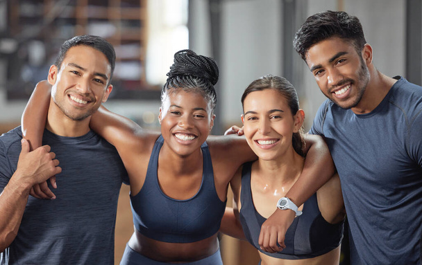 Fitness, workout group, team or people in a happy portrait for good training exercise or gym class session. Diverse sports friends, man and woman face together for health, wellness and body strength. - Fotoğraf, Görsel