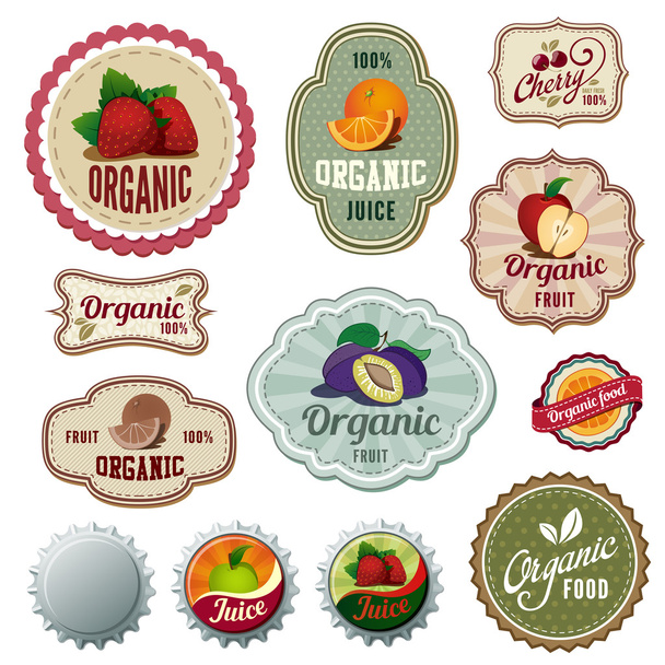 Organic Fresh Fruits Vintage Labels design vector templates - Vektor, obrázek
