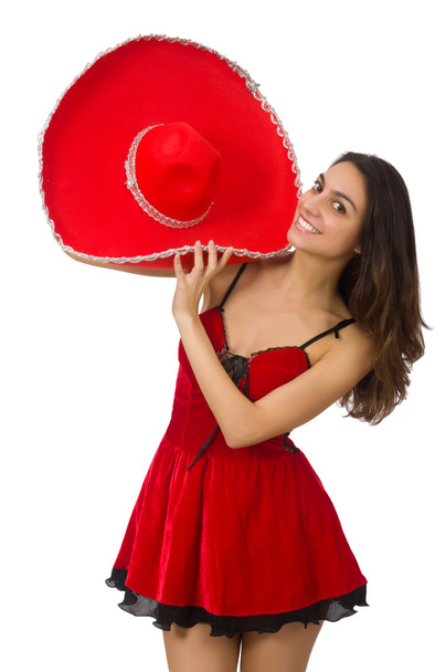 女性の身に着けている赤いソンブレロ - 写真・画像