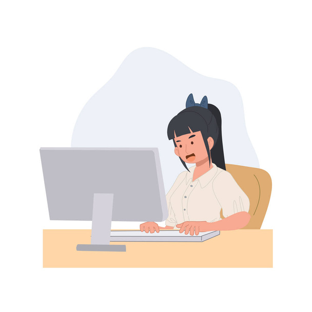 students girl sitting with PC, surf internet, use social media. Flat vector illustration. - ベクター画像