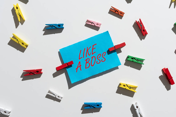 Inspiration showing sign Like A Boss, Conceptual photo Acting as if you are the one giving orders in job or situation Piece Of Paper With Important Message Surrounded By Colorful Paperclips. - Foto, Imagen