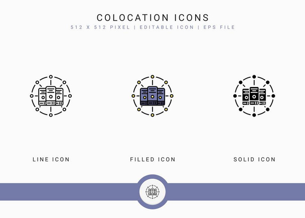 Colocation icons set vector illustration with solid icon line style. Data system server concept. Editable stroke icon on isolated background for web design, user interface, and mobile application - Vector, afbeelding