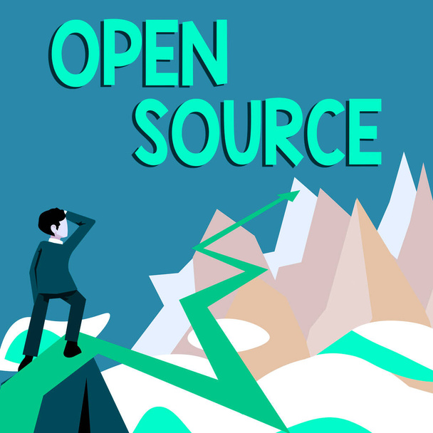 Sign displaying Open Source, Concept meaning denoting software which original source code freely available Man watching horizon arrow pointing symbolizing future project success. - Foto, Bild