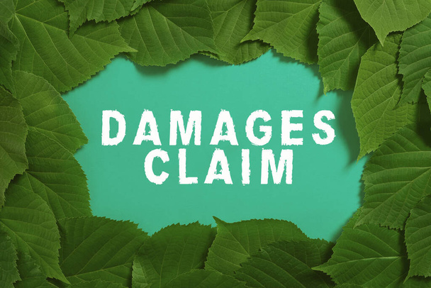 Inspiration showing sign Damages Claim, Conceptual photo Demand Compensation Litigate Insurance File Suit Important Informations Written On Paper Under Lot Of Leaves. - Foto, afbeelding