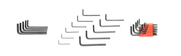 Kolekce hex kláves izolována na bílém pozadí horní pohled. Allenovy klíče, šestihranné klíčové nástroje k pohonu šroubů a šroubů s šestihrannými zásuvkami v hlavách - Fotografie, Obrázek
