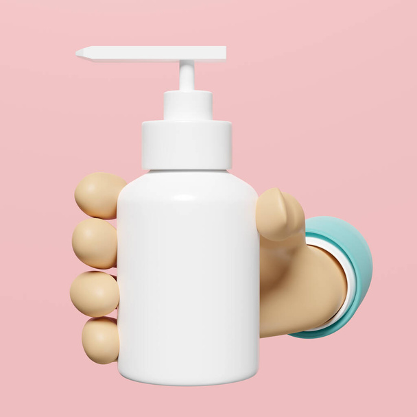 3d cosmetic lotion, foam, liquid Soap bottle, hand holding gel pump style isolated on pink background. hand sanitizer container, mock up template concept, 3d render illustration, clipping path  - Foto, Bild