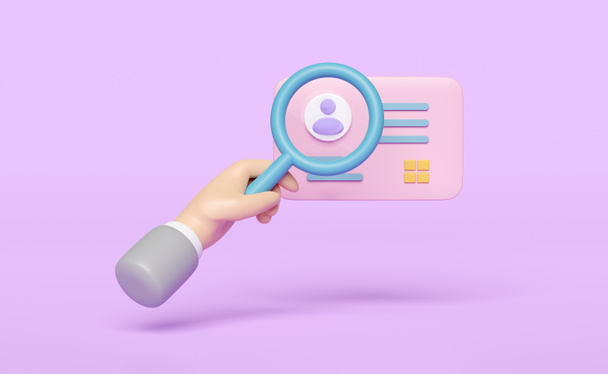 3d Id card with hand holding magnifying glass isolated on purple background. job application, recruitment staff, human resources, job search  concept, 3d render illustration, clipping path - Foto, Imagem
