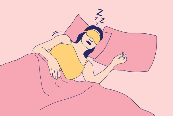 Молодая женщина с маской для сна любит спать на кровати - Вектор,изображение