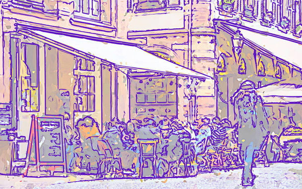 Drawn city with silhouette of people at restaurant terraces in metaverse conceptual reality imagination virtual and real world - cybersapce hypothesized iteration of the internet, supporting - Foto, immagini