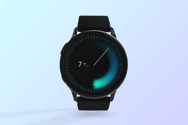 Clock. Realistic smart watch mockup with blank screen. Background with gradient color. Front view of the device. Space to write. Illustration. 3D illustration. Device for active fitness lifestyle. - 写真・画像