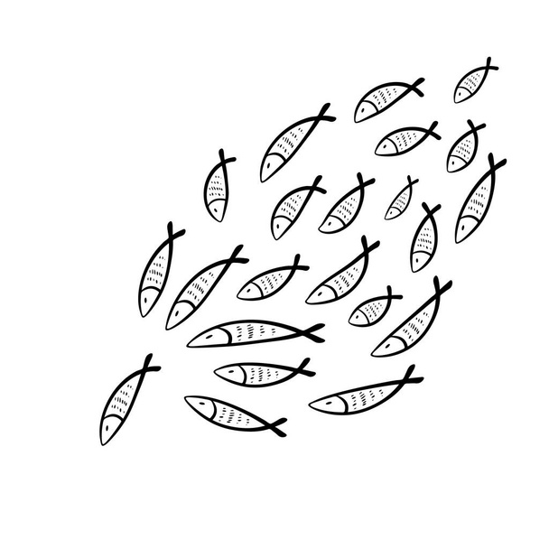 Fish school. Hand drawn fishes flock, sketched fish group, doodle drawing shoal, fishing vector illustration - Vector, Image