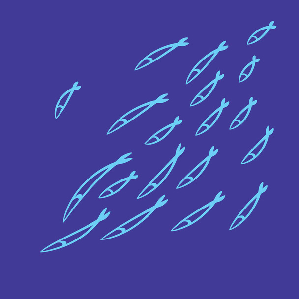 Fish school. Hand drawn fishes flock, sketched fish group, doodle drawing shoal, fishing vector illustration - Vector, Imagen