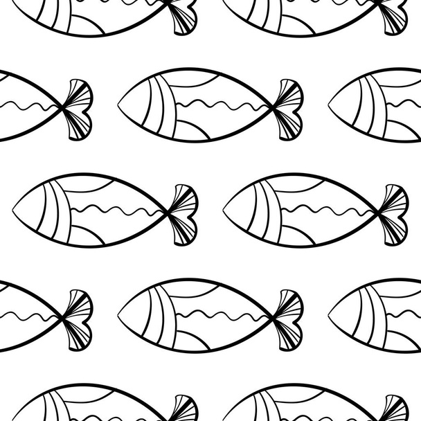 Χειροποίητα ψάρια χωρίς ραφή μοτίβο. Σκιασμένο φόντο των ψαριών, doodle θάλασσα κεραμίδι, σχέδιο σύμβολα αλιείας, ωκεανός ψάρια διάνυσμα εικονογράφηση - Διάνυσμα, εικόνα