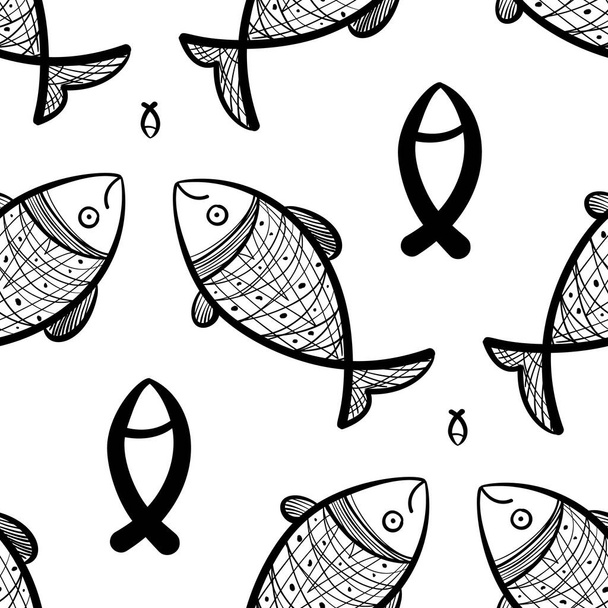 Hand drawn fishes seamless pattern. Sketched fish background, doodle sea tile, drawing fishing symbols, ocean fish vector illustration - Vetor, Imagem