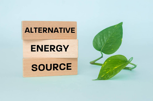 alternative energy source, Written on wooden blocks, Bright background, Green leaves, The concept of using natural energy sources without interfering with the environment - Photo, image