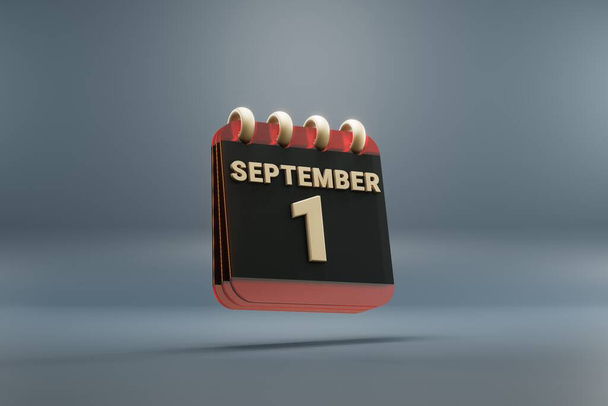 Standing black and red month lined desk calendar with date September 1. Modern design with golden elements, 3d rendering illustration. Blue gray background. - Foto, Imagen