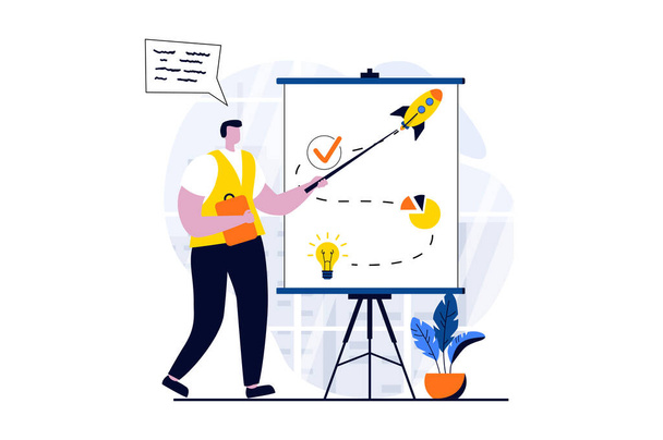 Strategic planning concept with people scene in flat cartoon design. Man develops strategy and route for development of workflows new startup, generates ideas. Illustration visual story for web - Zdjęcie, obraz